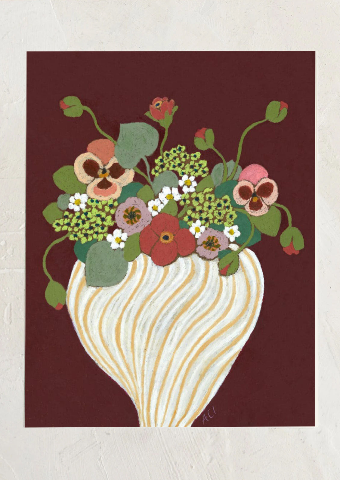 Decorative illustration of a vase with flowers on a maroon background