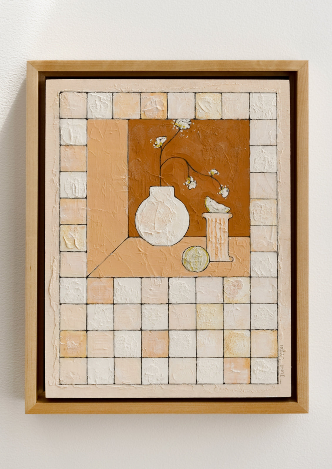 A still life painting with vase and pedestal, flowers and fruit on tile grid.