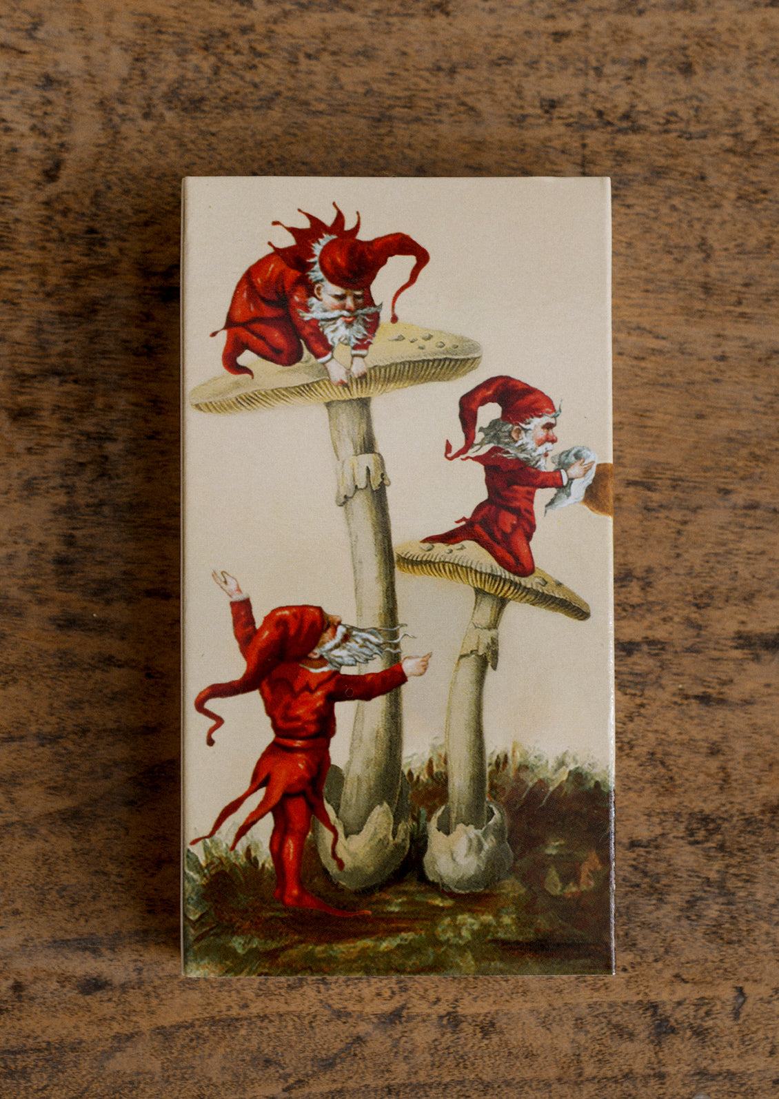An elf and mushroom printed matchbox .