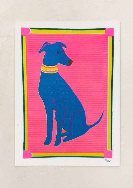 A risograph art print of a blue greyhound on striped neon pink background.