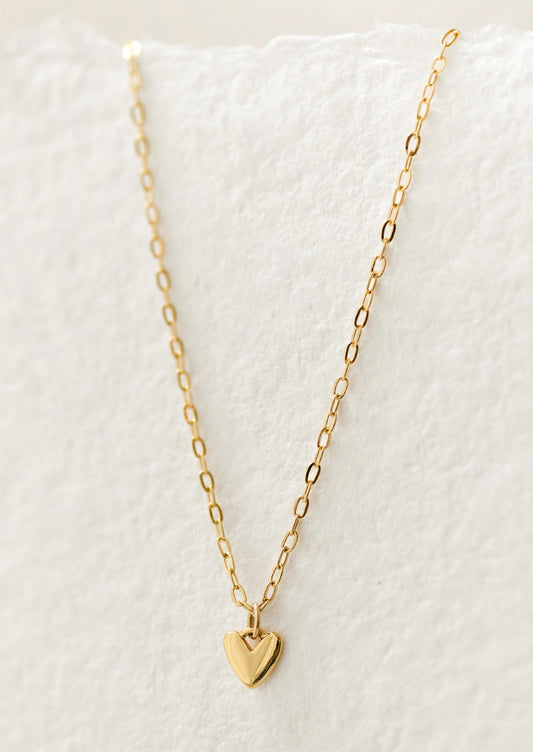A gold chain necklace with a mini heart charm.