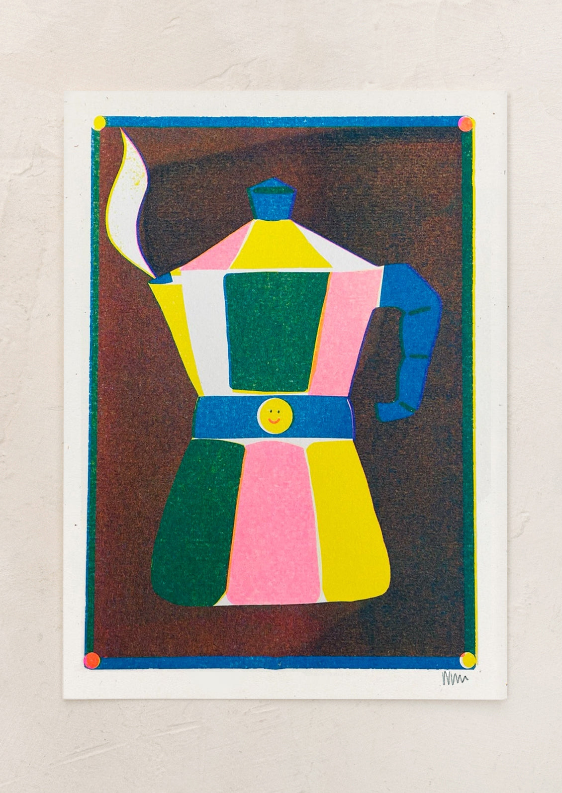 A risograph art print of a moka pot illustration on brown background.