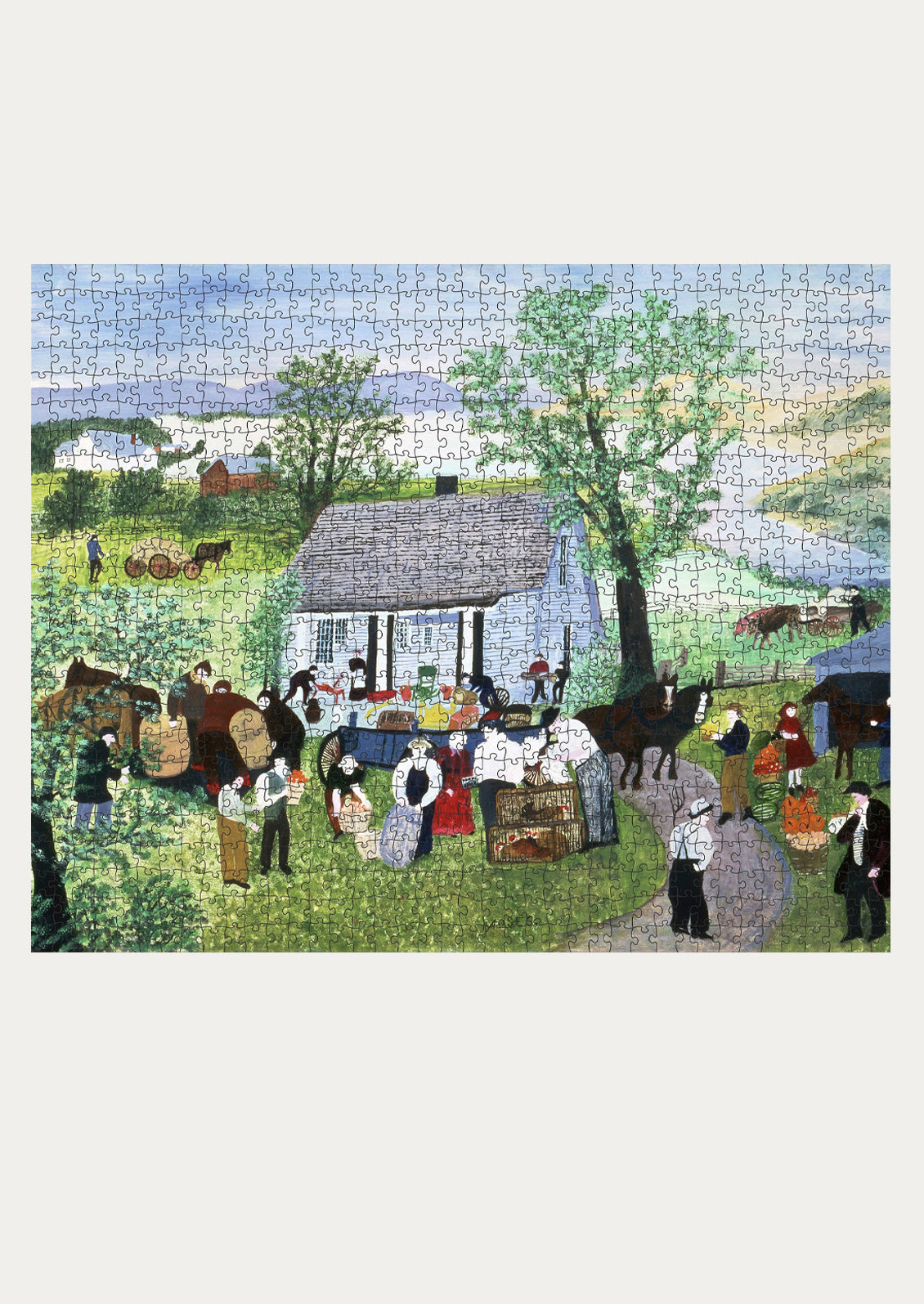 Jigsaw puzzle with a completed scene of a village gathering in a field.