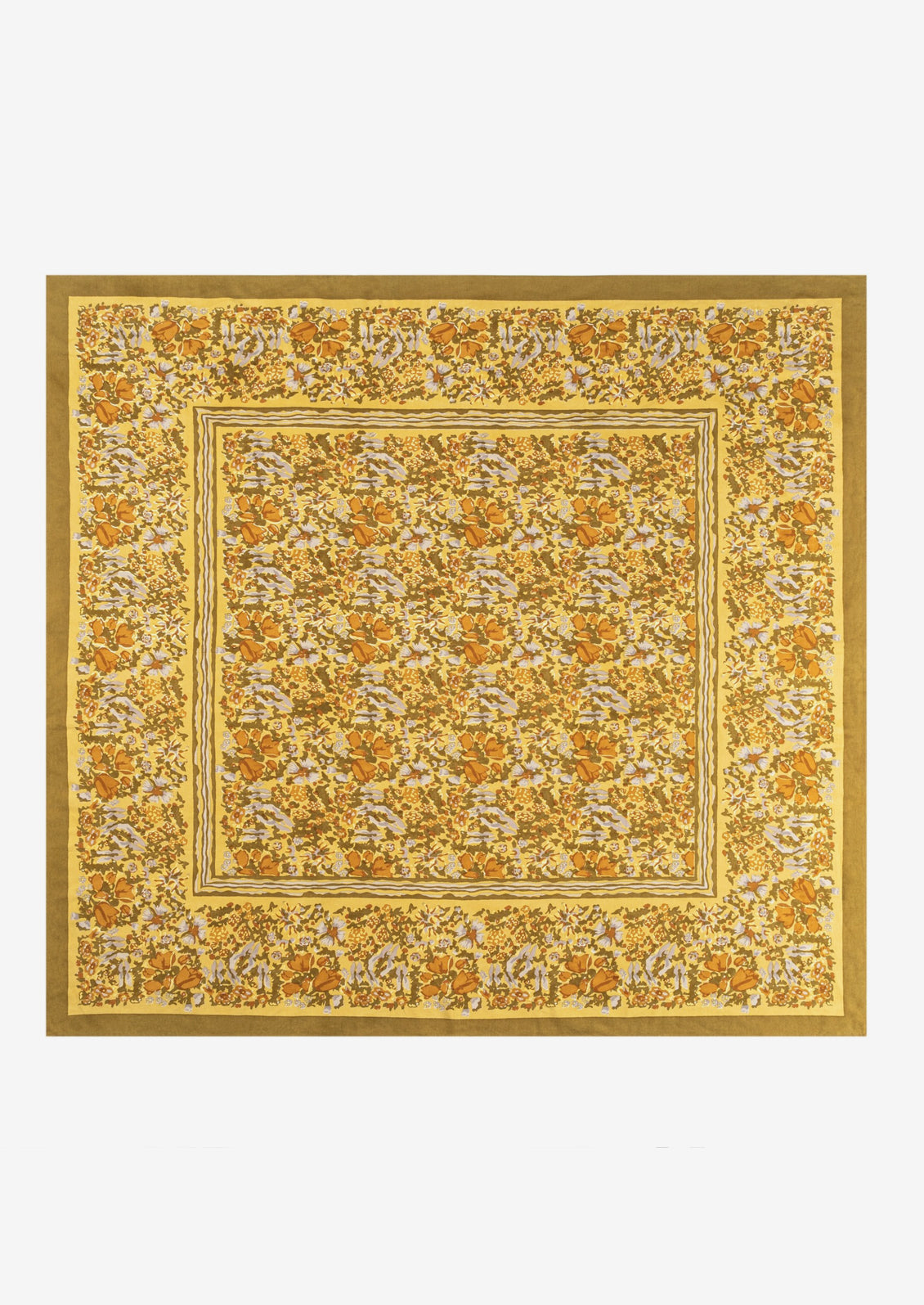 A mustard floral print tablecloth.