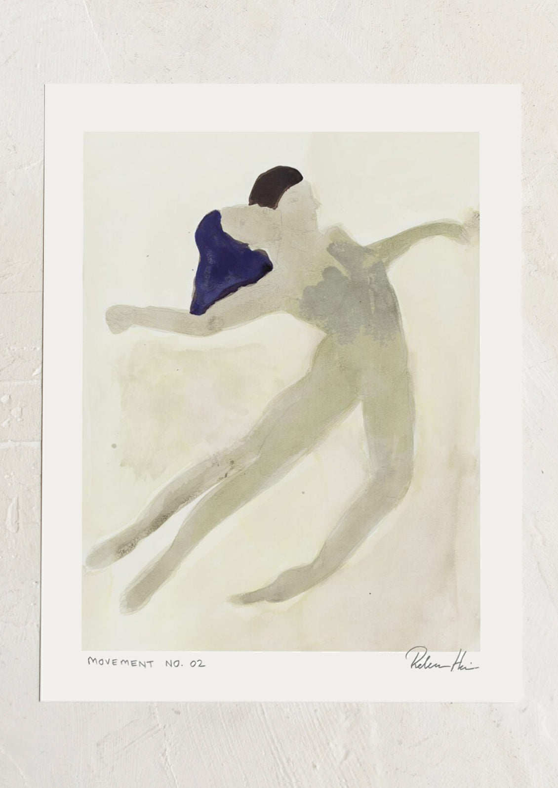 Artistic depiction of a figure with a blue object, signed, on a textured white background.