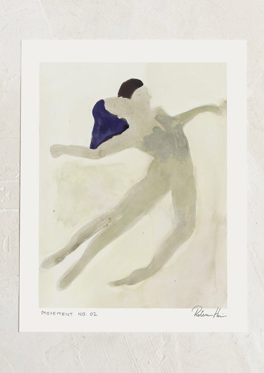 Artistic depiction of a figure with a blue object, signed, on a textured white background.
