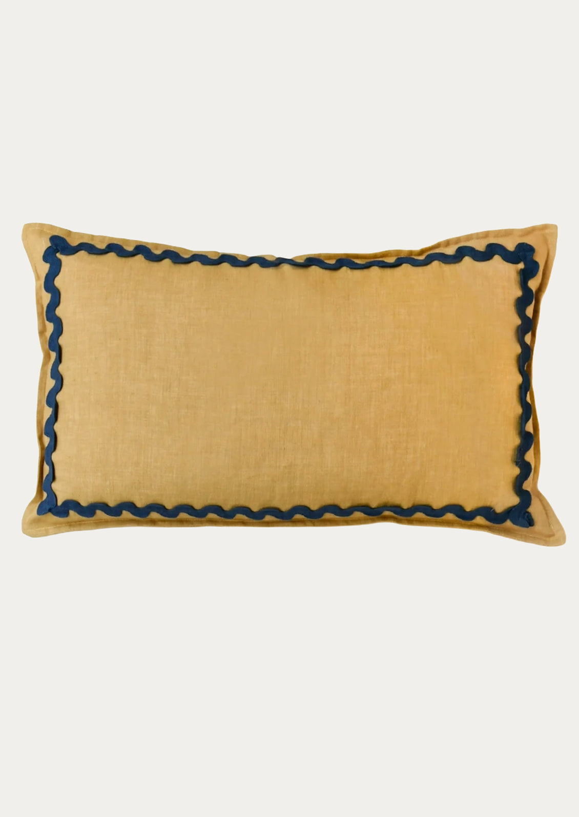 A rectangular linen pillow in a golden yellow color with a navy squiggle border attached along the edges.