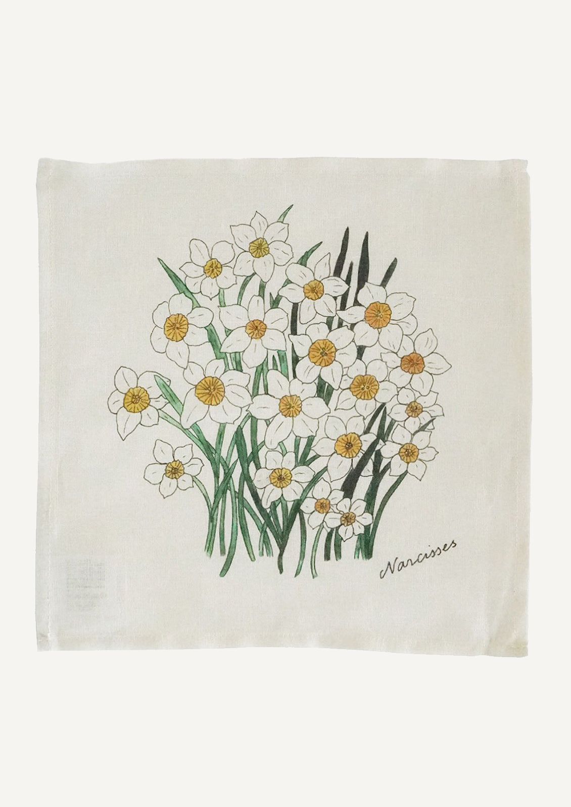 A linen handkerchief with screen printed narcissus illustration.