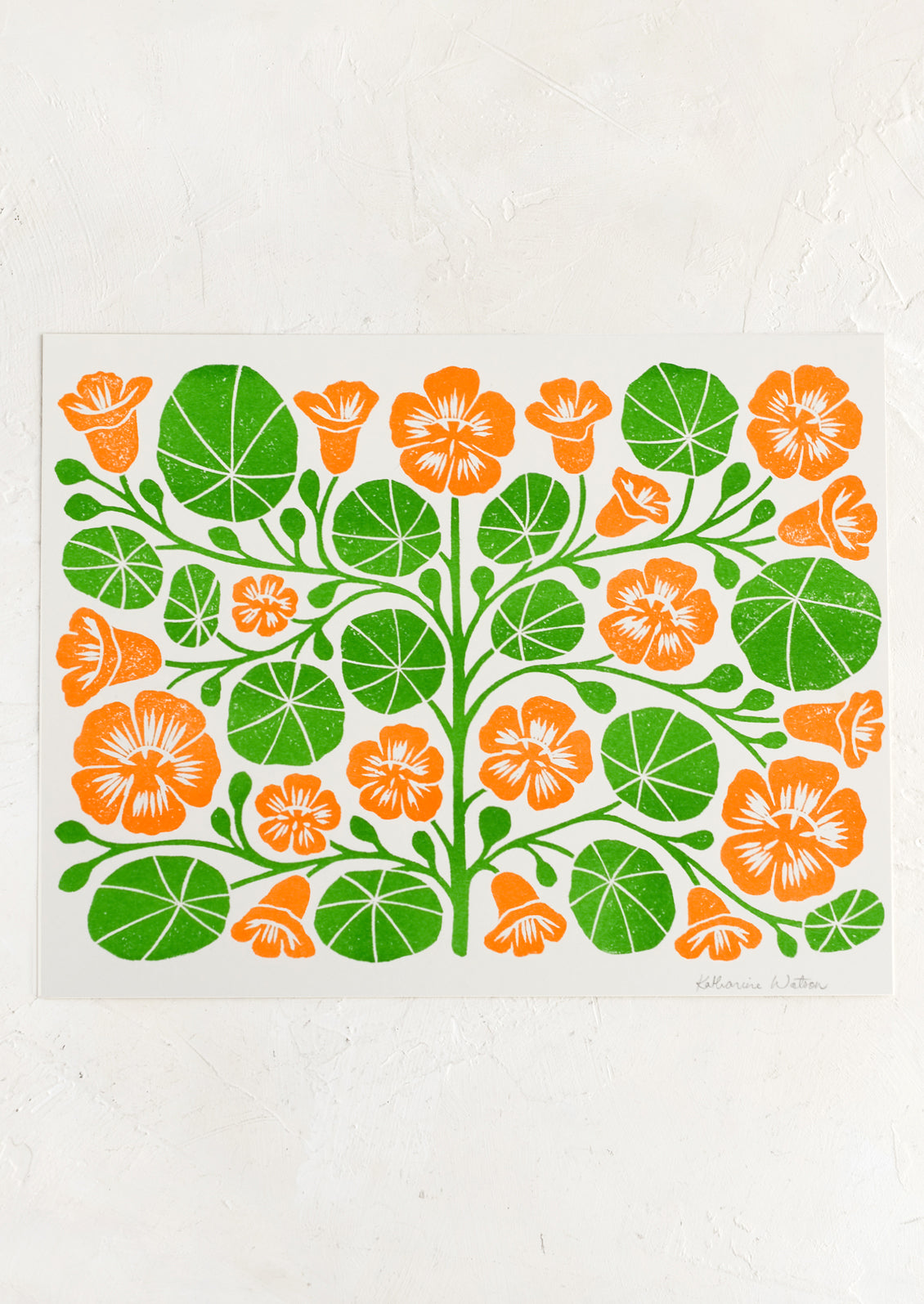 A woodblock print of orange nasturtiums.