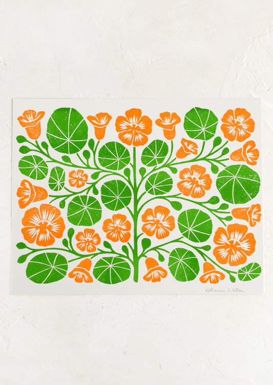 A woodblock print of orange nasturtiums.