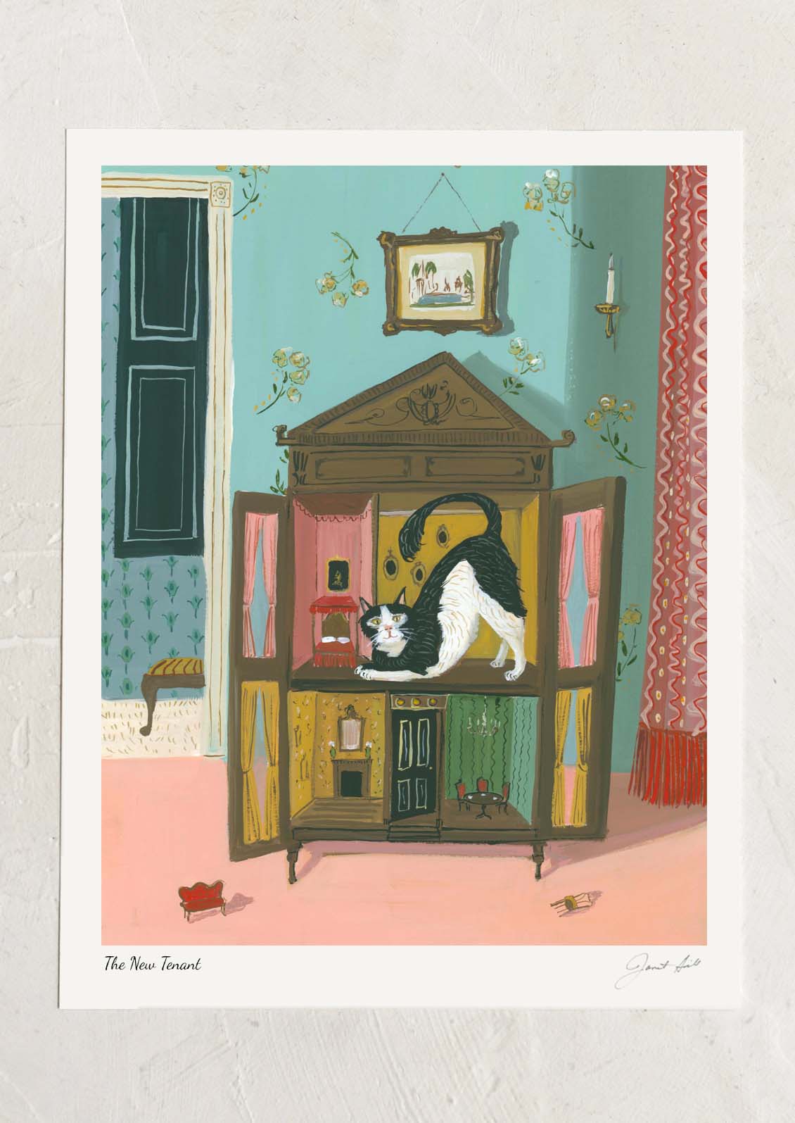 Illustration of a cat inside a dollhouse with a colorful room background