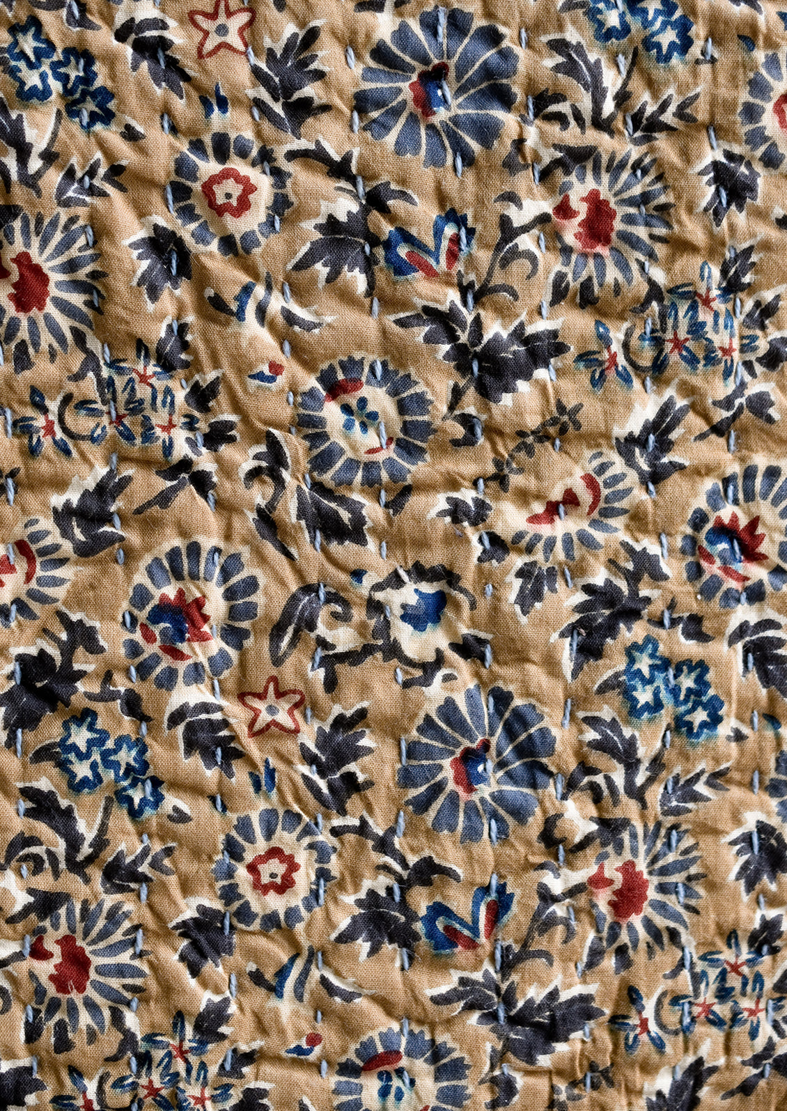 A kantha stitched throw blanket with blue and brown floral print.