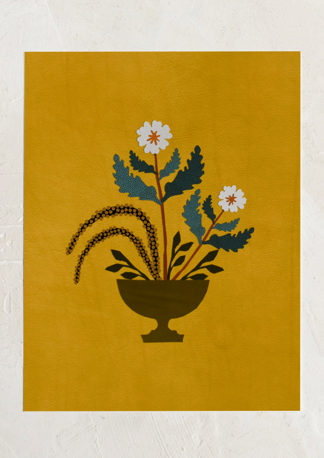 An art print of a paper cut collage flower arrangement on textured ochre background.