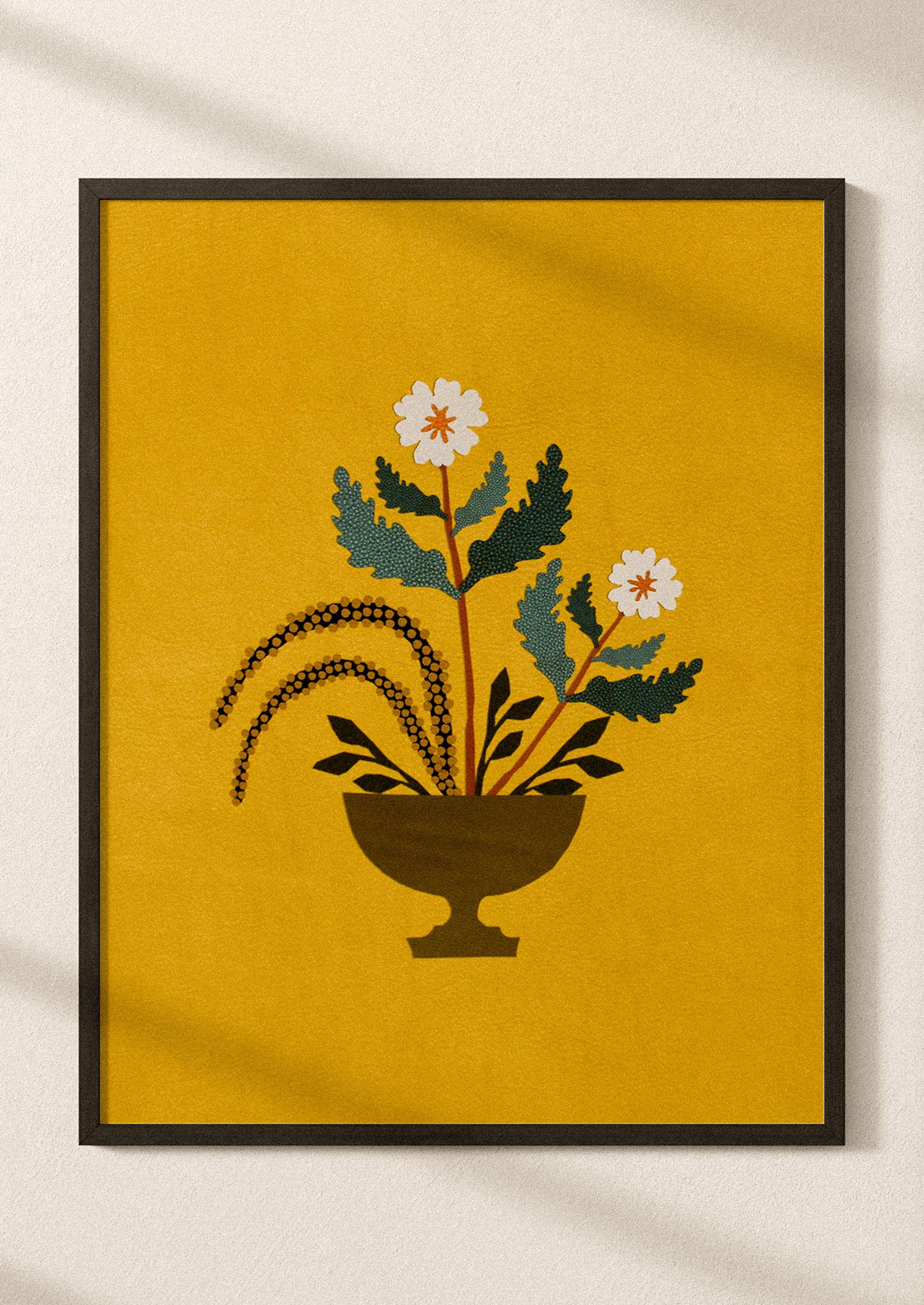 An art print of a paper cut collage flower arrangement on textured ochre background.