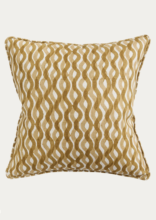 A square decorative throw pillow featuring a textured wavy vertical stripe pattern in a warm mustard-gold and cream color combination, set against a plain light gray background.