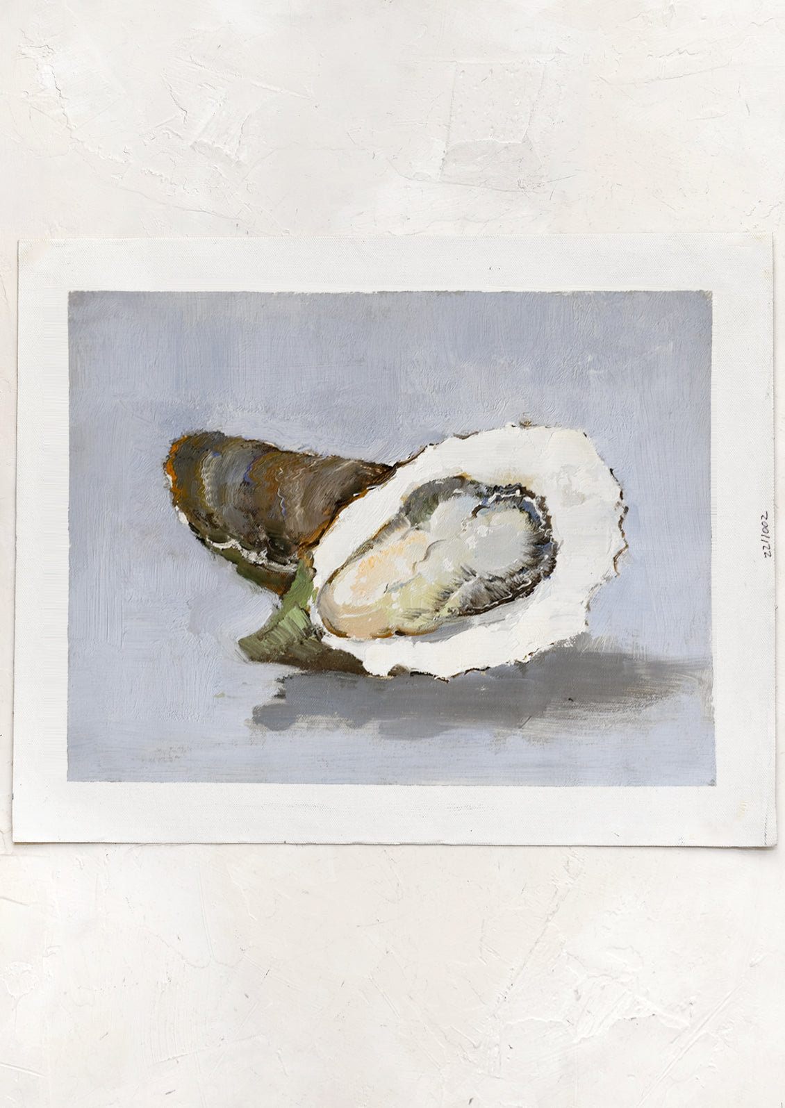 An original oil painting of oysters on blue-grey background.