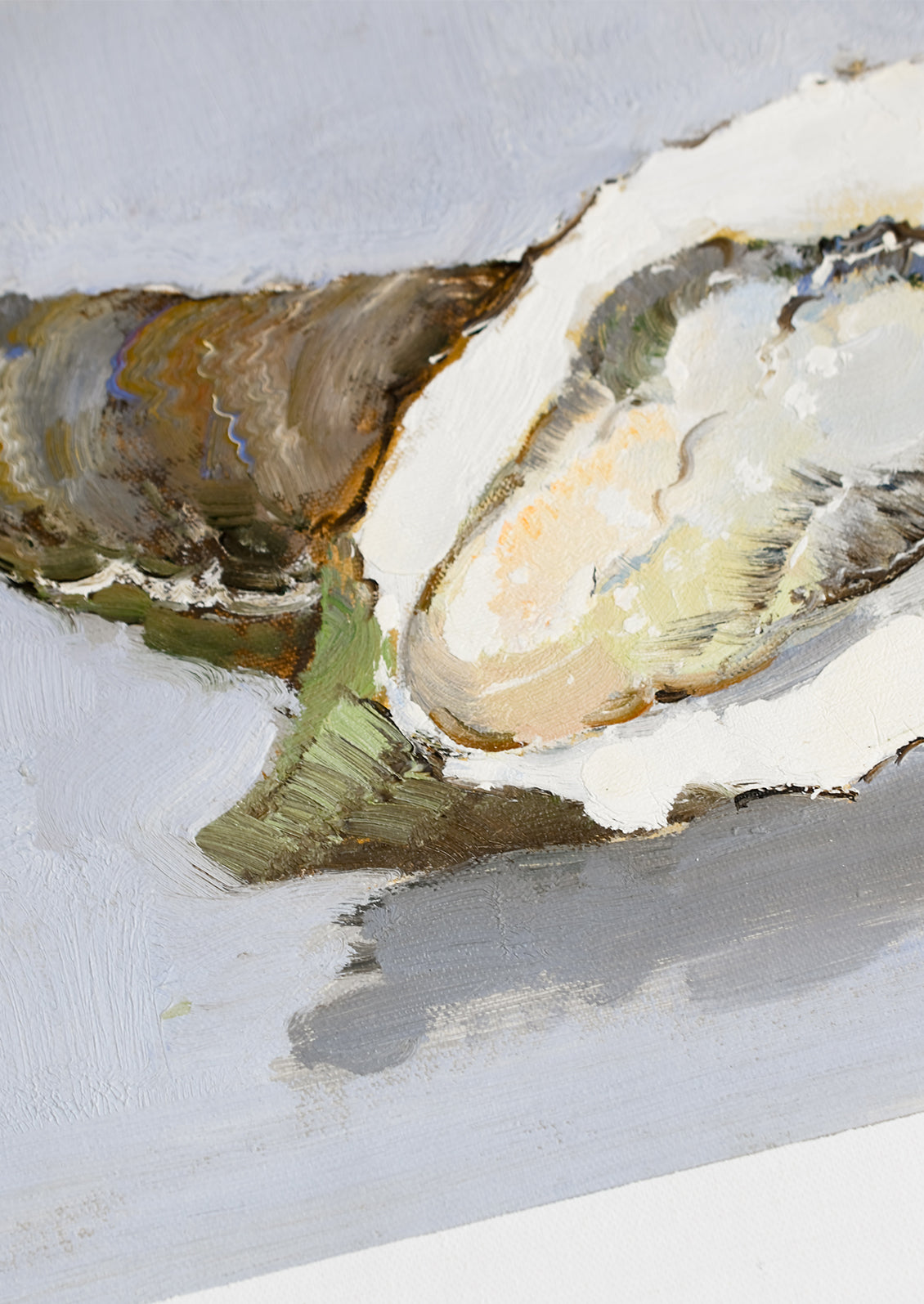 An original oil painting of oysters on blue-grey background.