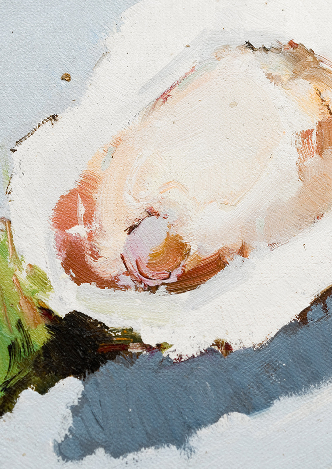 An original oil painting on unstretched canvas of oyster still life on blue background.