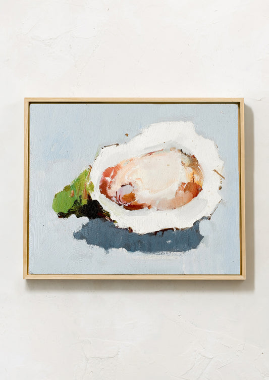 An original oil painting on unstretched canvas of oyster still life on blue background, in thin maple frame.