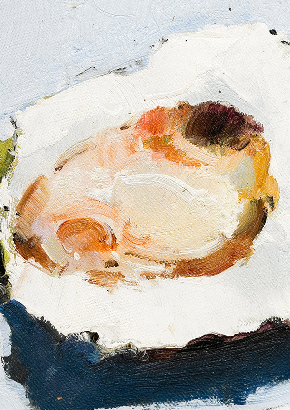 An original oil painting of oyster still life on light blue background.