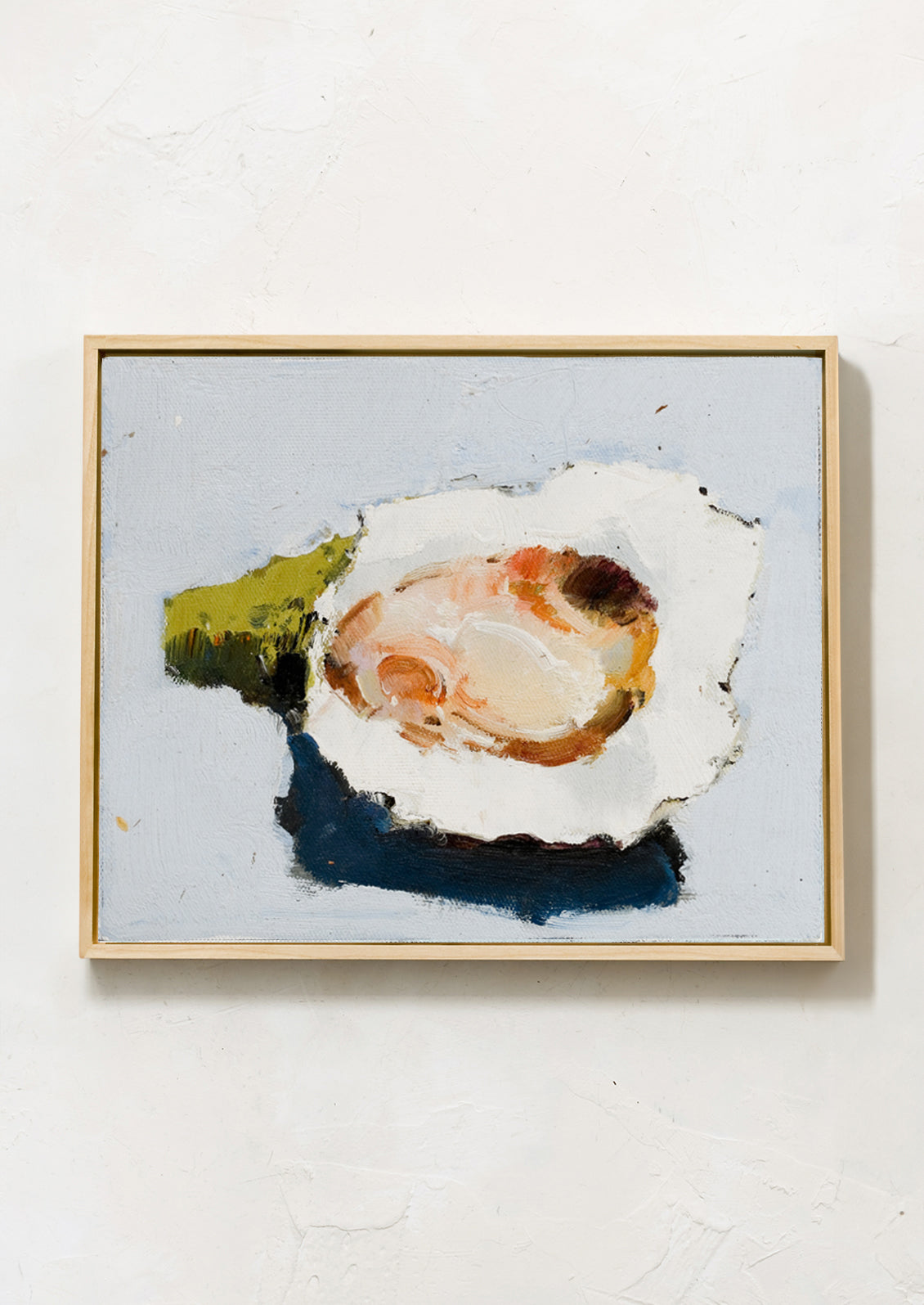 An original oil painting of oyster still life on light blue background.