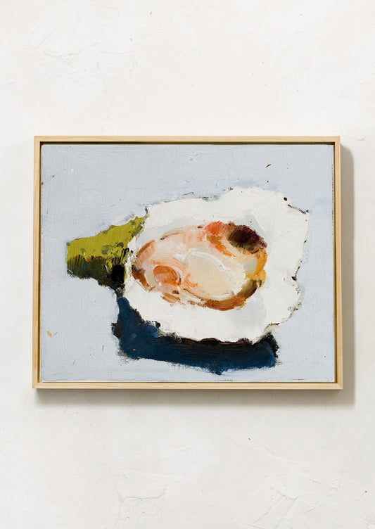 An original oil painting of oyster still life on light blue background.