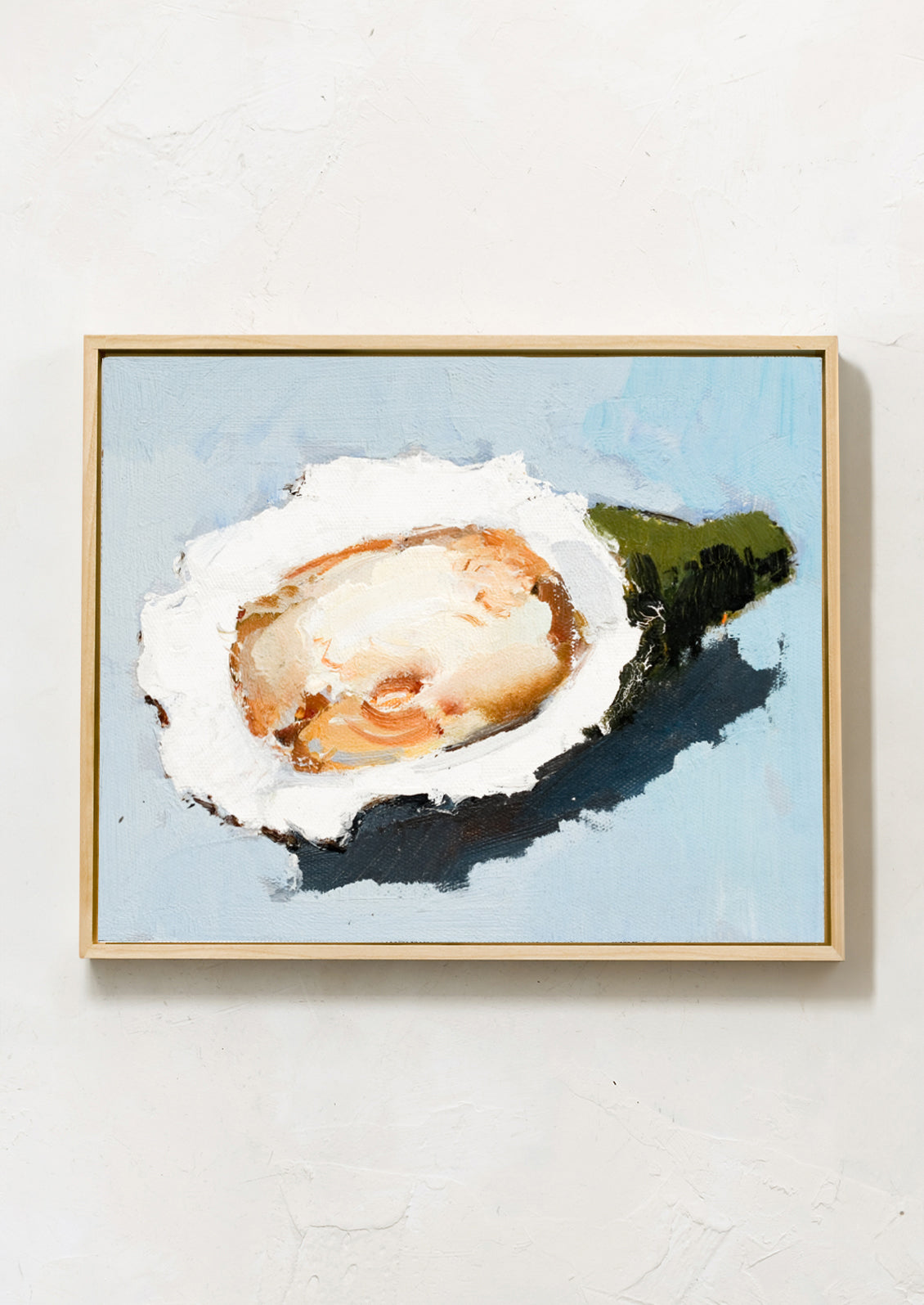 An original oil painting of oyster still life on light blue background.