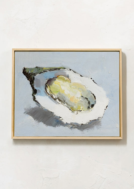 An original oil painting on unstretched canvas of oyster still life on blue background.
