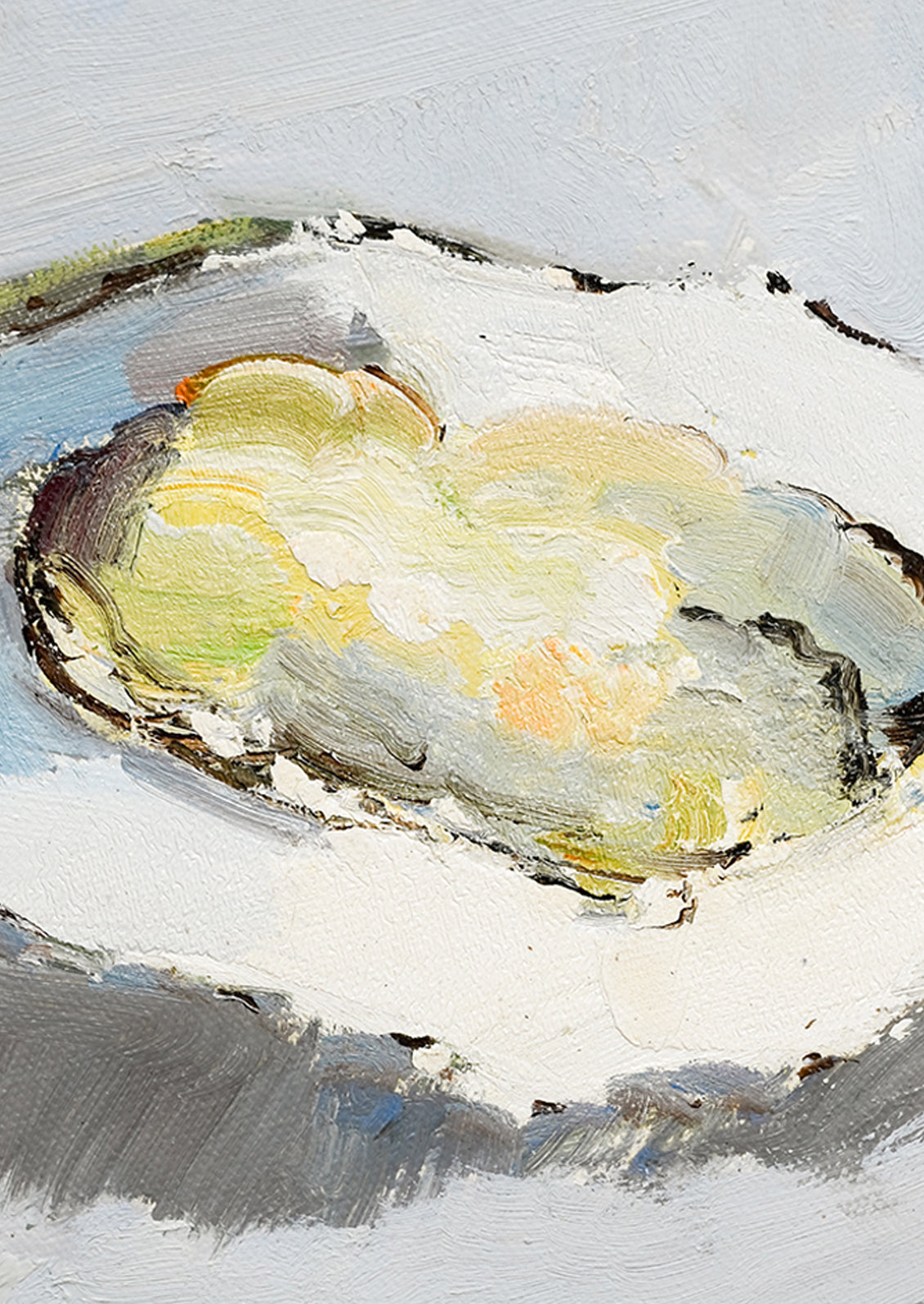 An original oil painting on unstretched canvas of oyster still life on blue background.