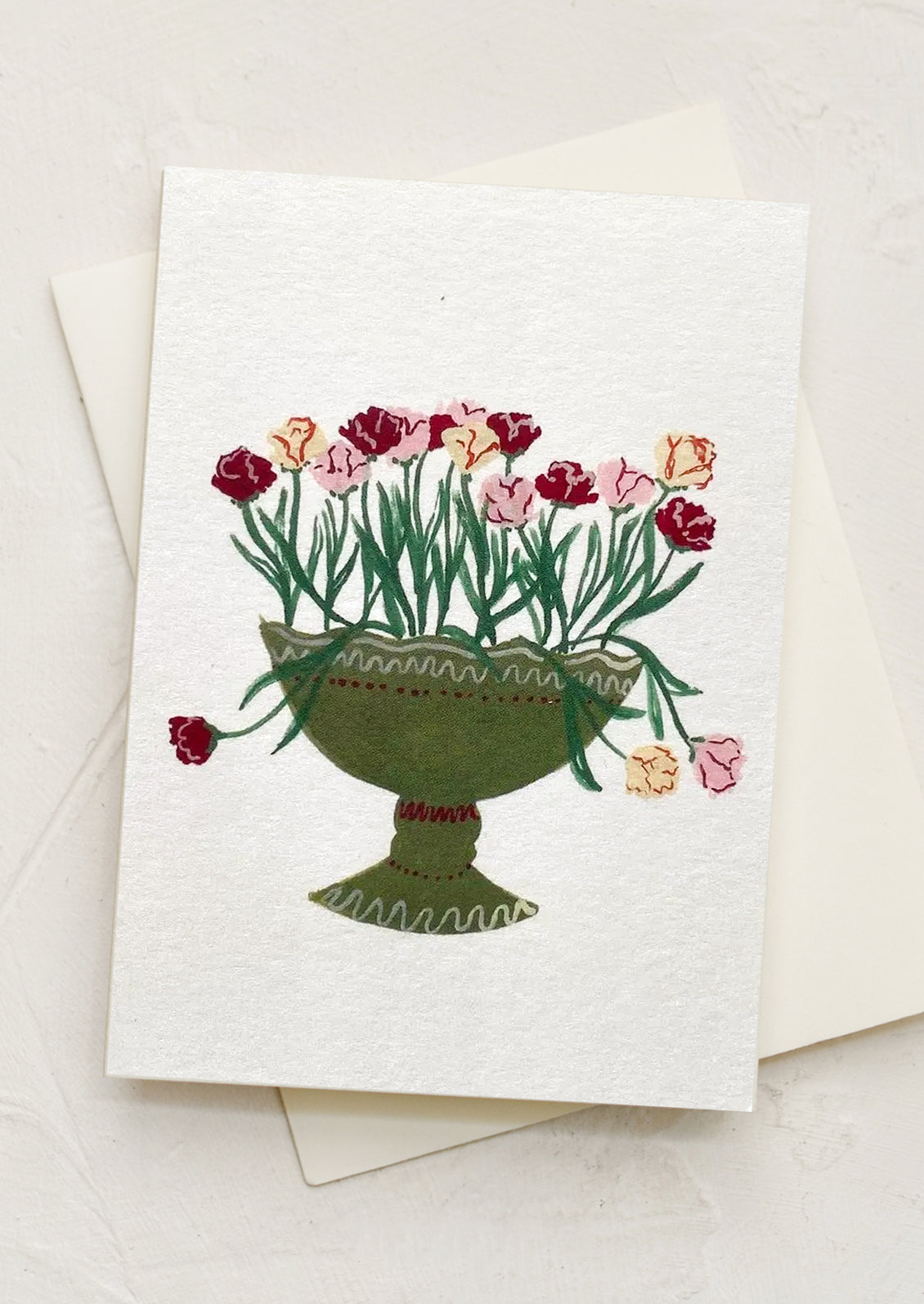 Greeting card with a green vase and flowers on a white background