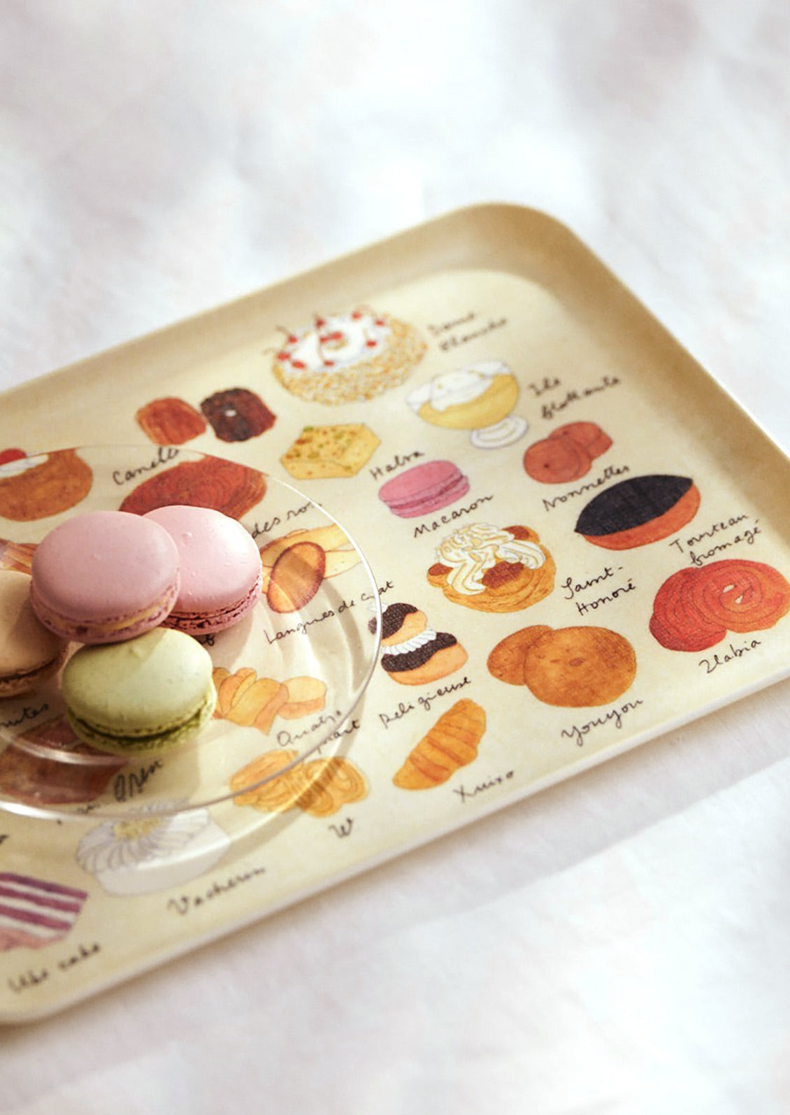 A printed tray with pastries pattern.