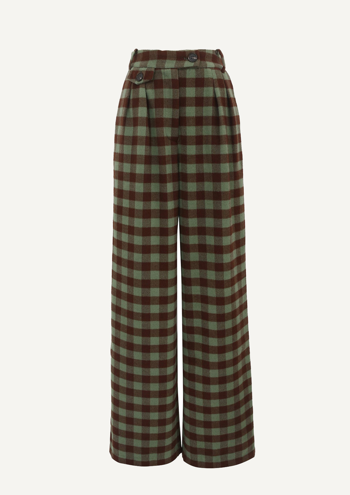 Apair of pants in green and brown gingham pattern.