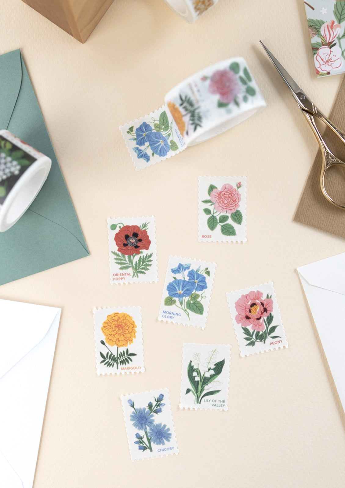 Floral stamp washi tape with perforated design.