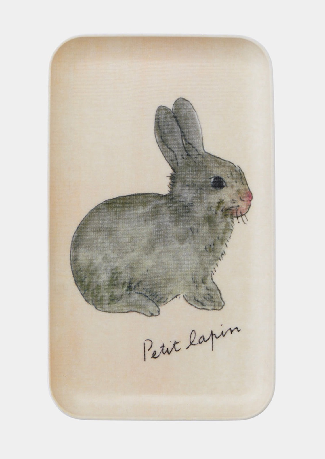 A rectangular tray with illustration of grey bunny.