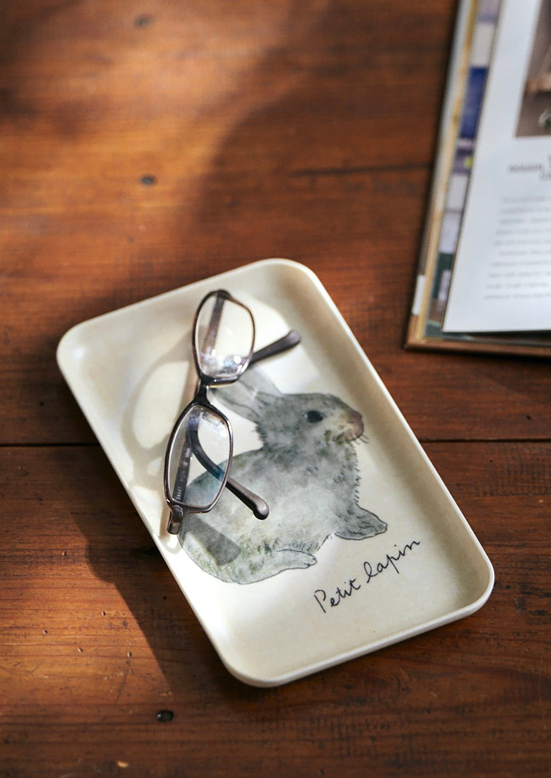 A rectangular tray with illustration of grey bunny.