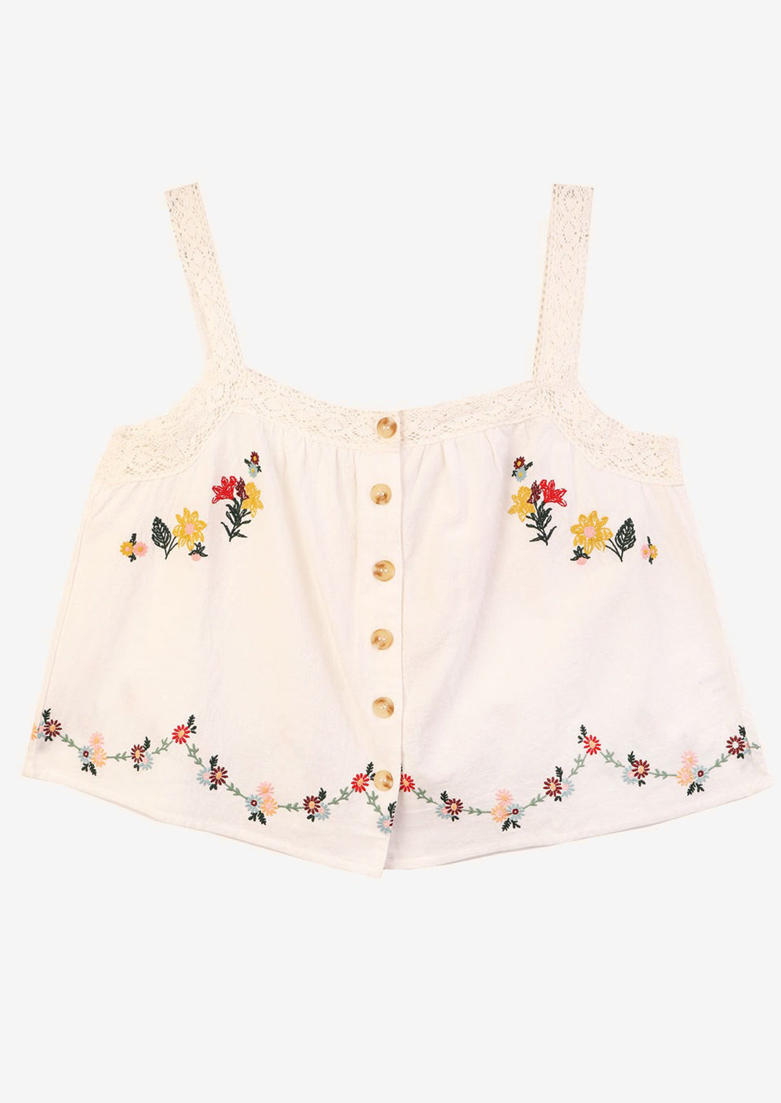 A white cotton shirt with multicolor floral embroidery.