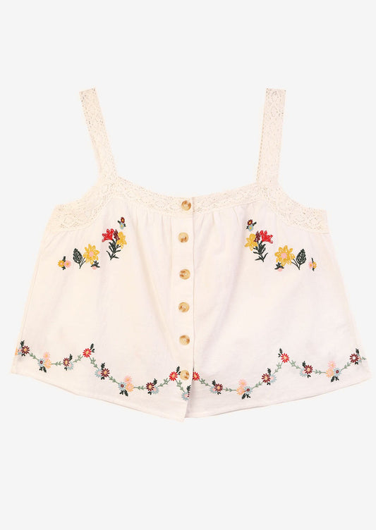 A white cotton shirt with multicolor floral embroidery.