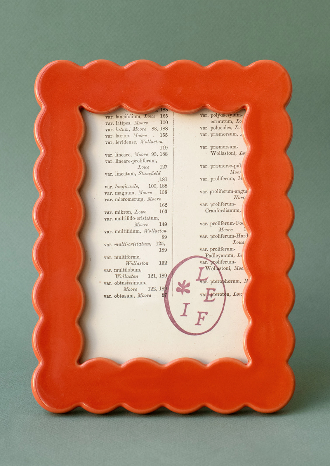 A rectangular picture frame in wavy squiggle shape in orange ceramic.