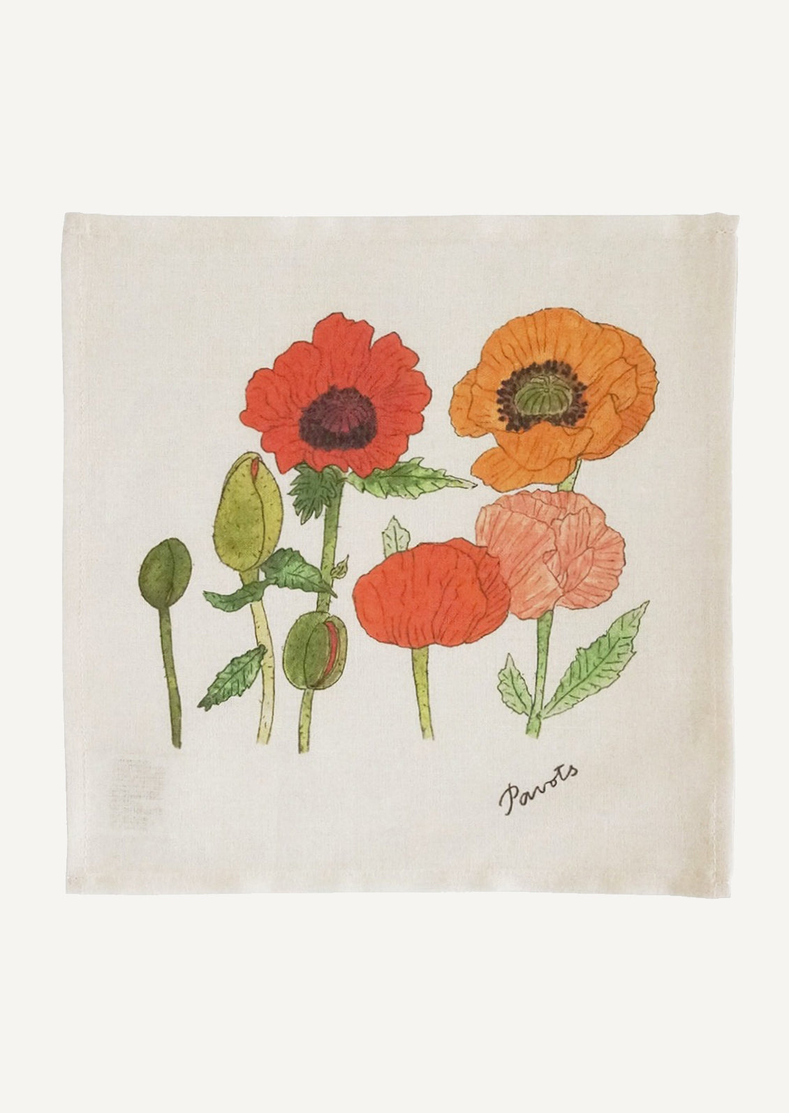 A linen handkerchief with screen printed poppies illustration.