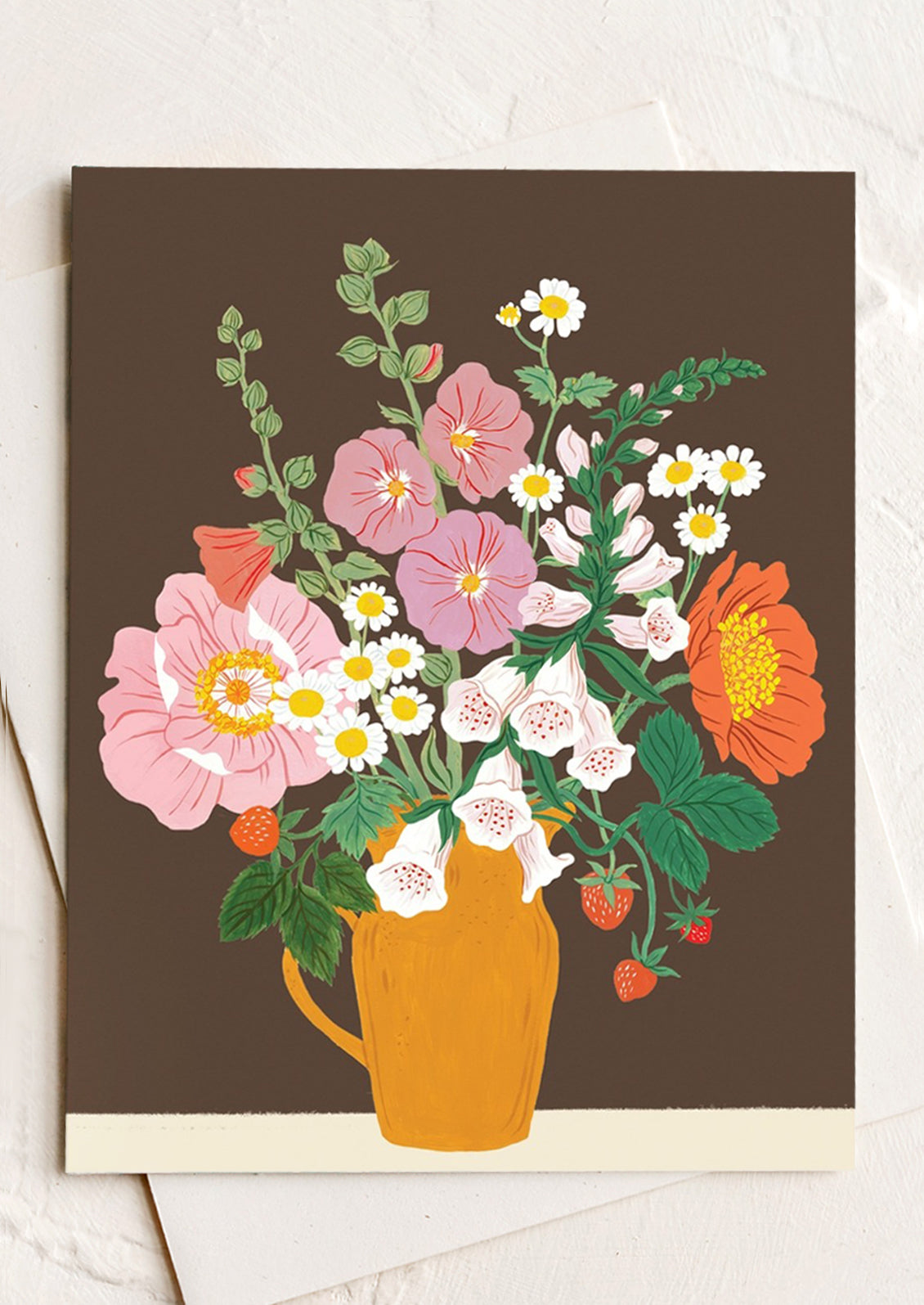 A greeting card with floral arrangement on brown background.
