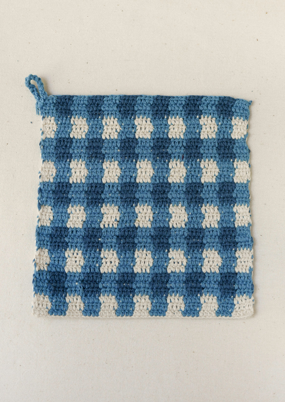 Blue and white checkered potholder on a light gray background