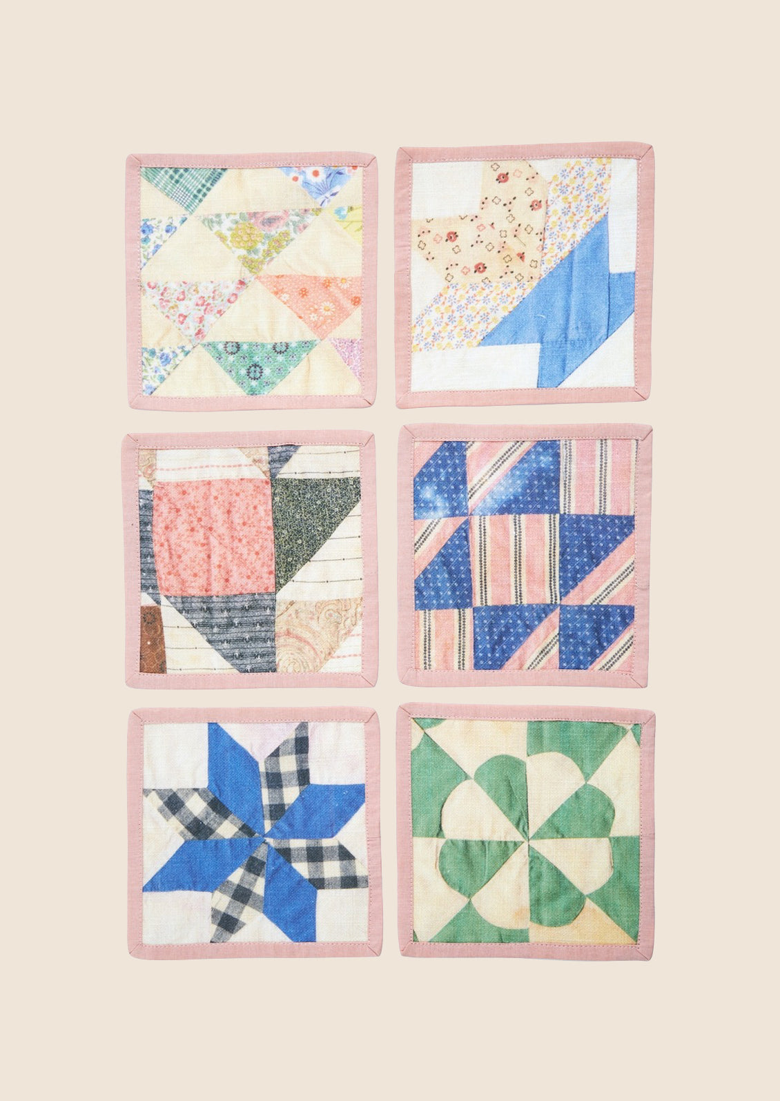 A set of quilt printed square cocktail napkins in 6 different patterns.