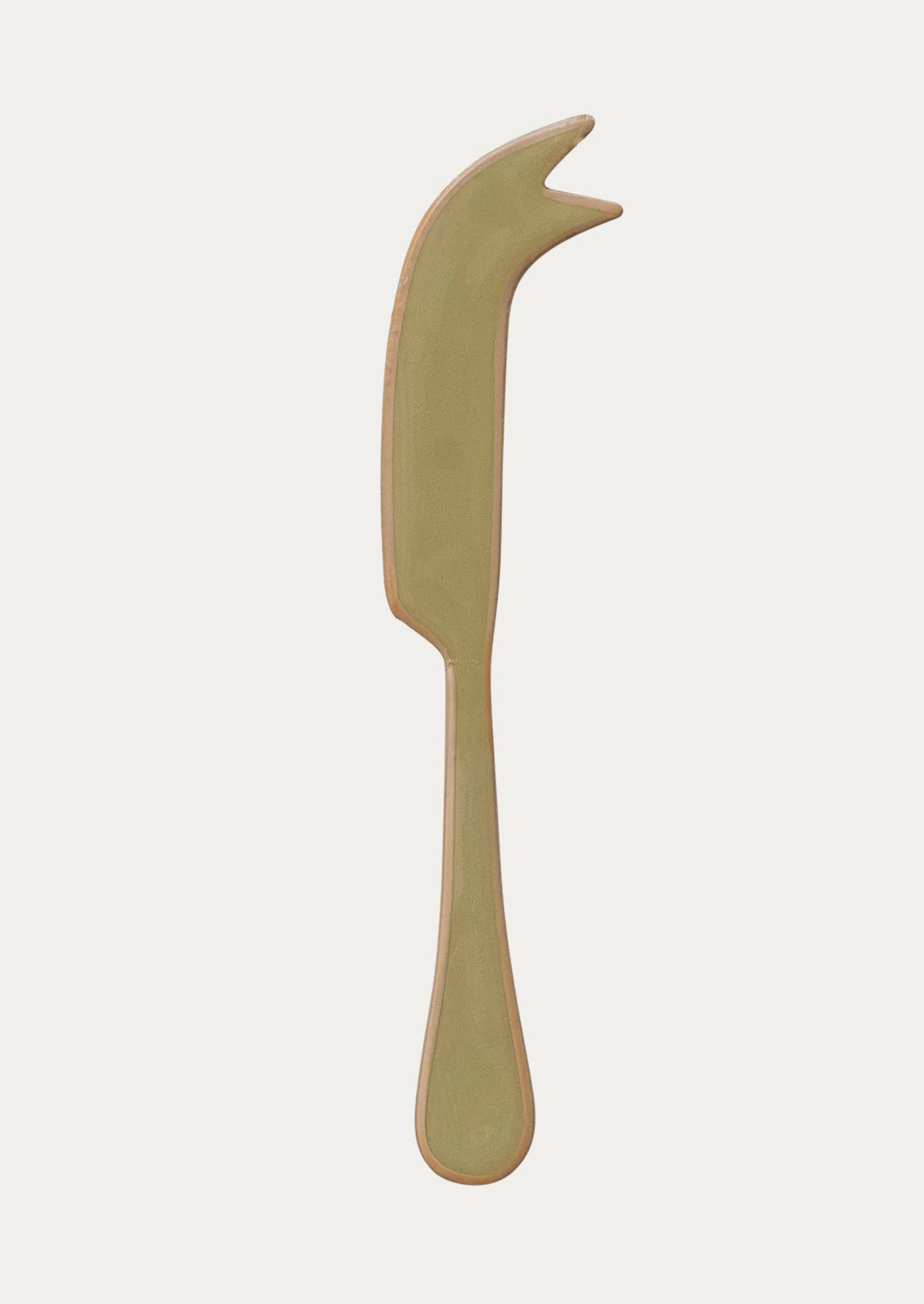 A pronged cheese knife in sage green with pink edging.