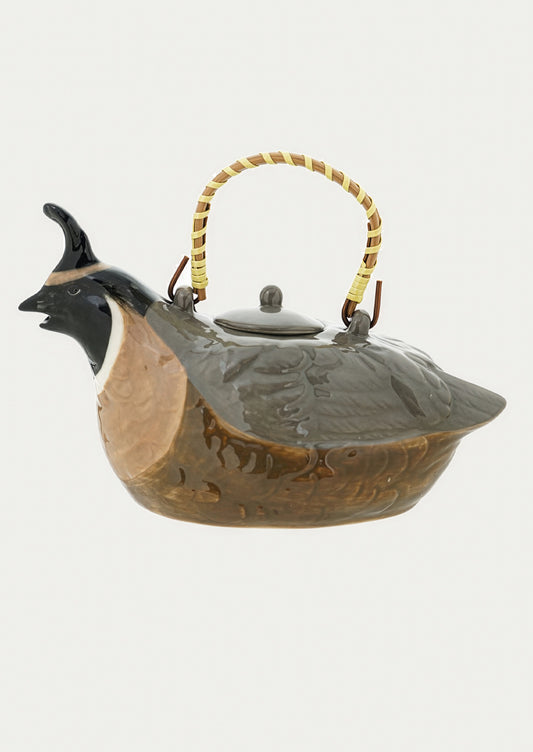Teapot shaped like a goose with a yellow handle on a white background