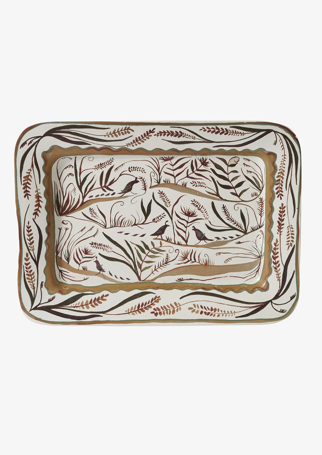 A rectangular ceramic platter with quail and nature pattern in brown.