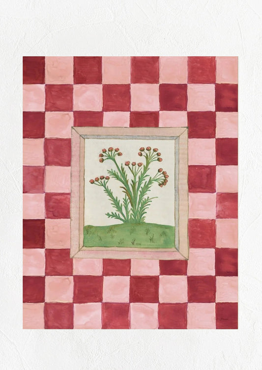An art print with red and pink checker pattern and framed herb graphic at center.