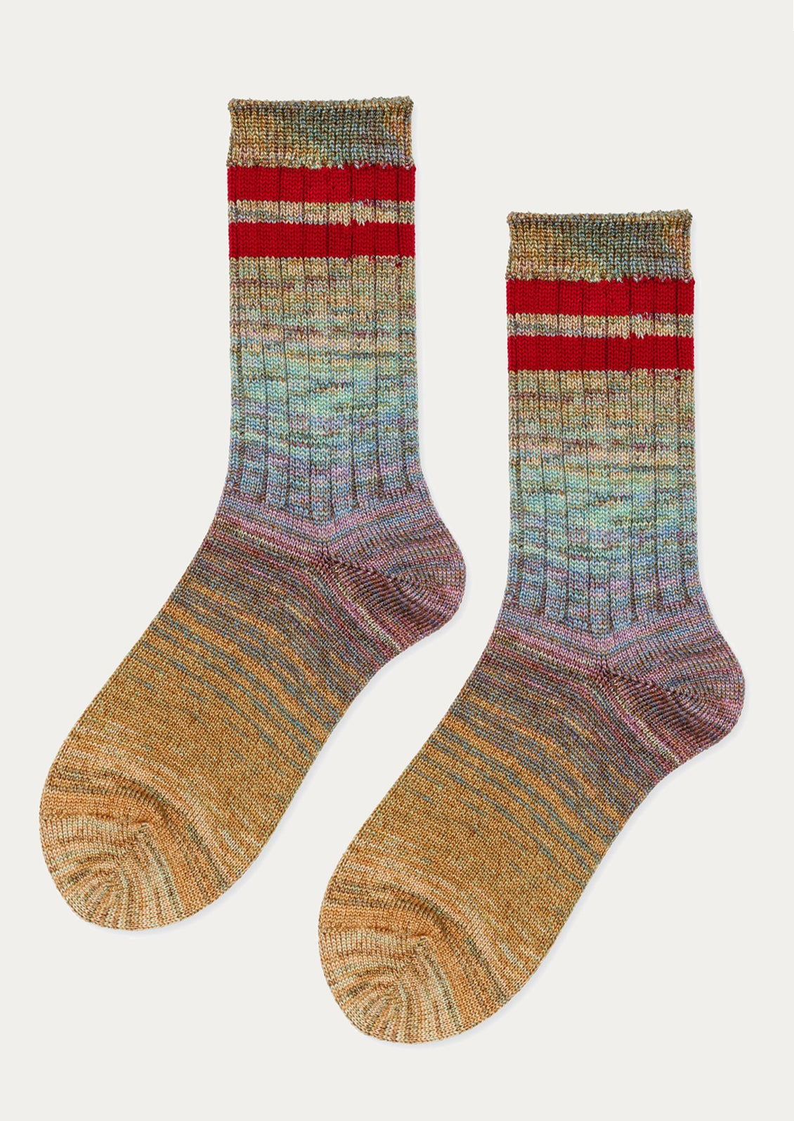A pair of multicolor space dye socks with double red sporty stripe detail.
