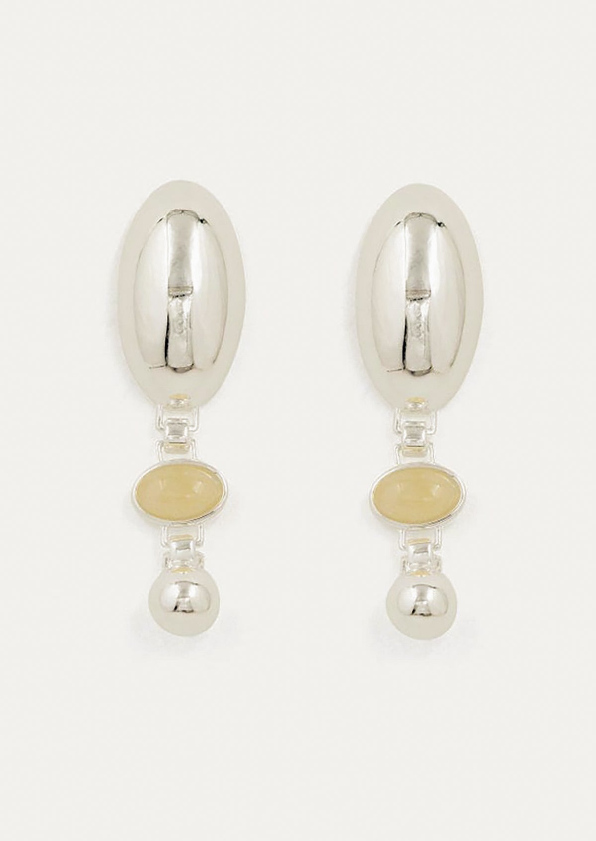 A pair of high shine silver earrings with honey topaz stone at center.