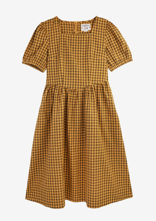 A brown and mustard gingham short sleeve dress.