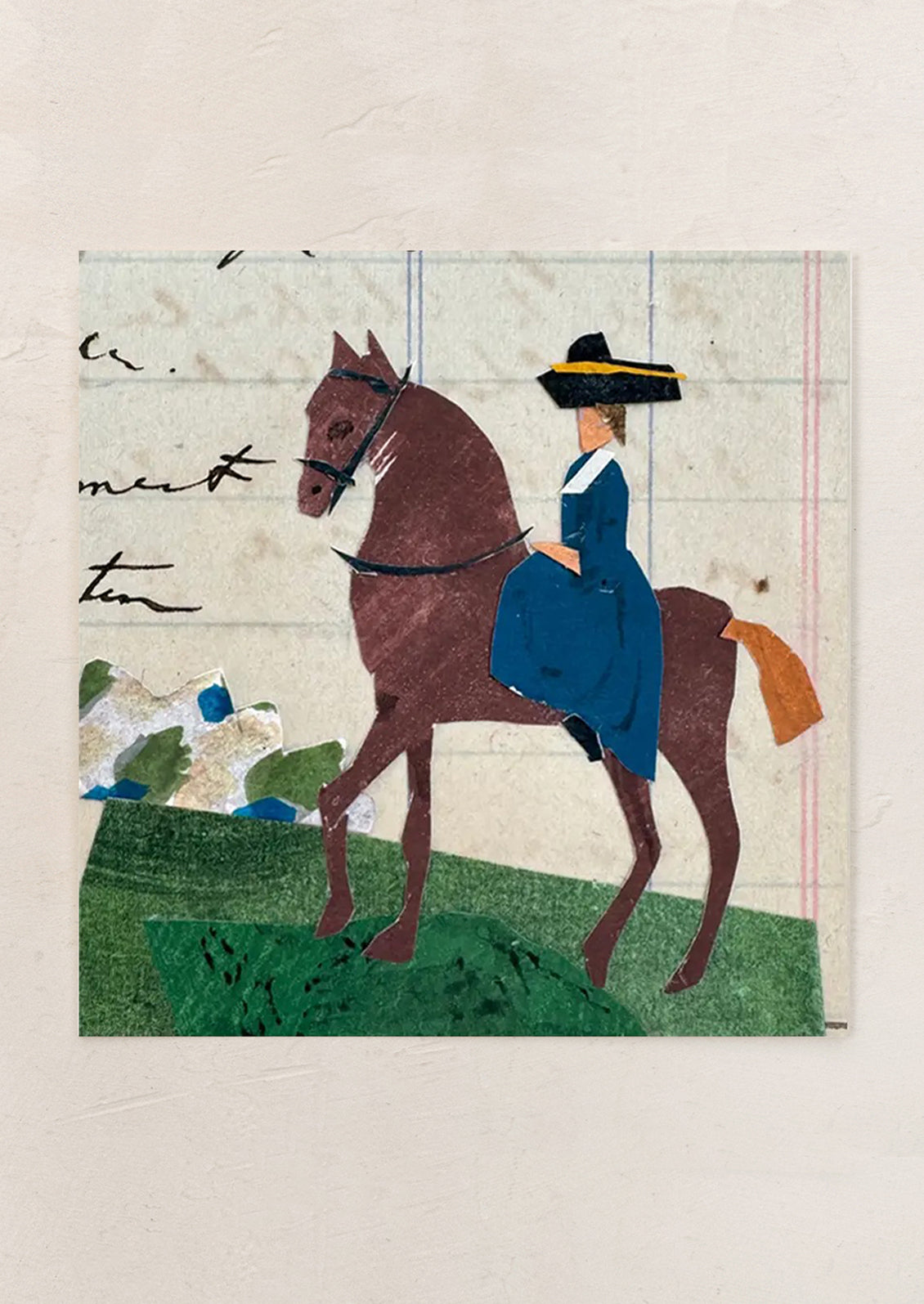 Collage of a person riding a horse with text and decorative elements on a textured background